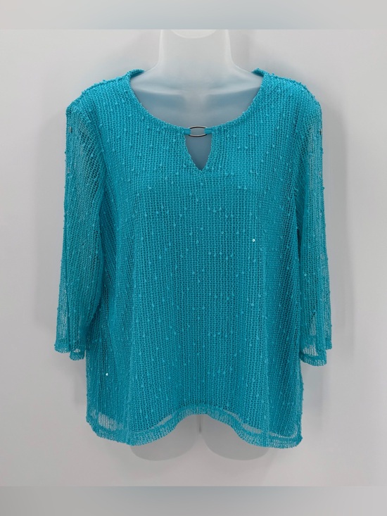 Alfred Dunner Tops - Alfred Dunner Top Women’s PM PETITE MEDIUM Turquoise 3/4 Slv Sharkbite Hem